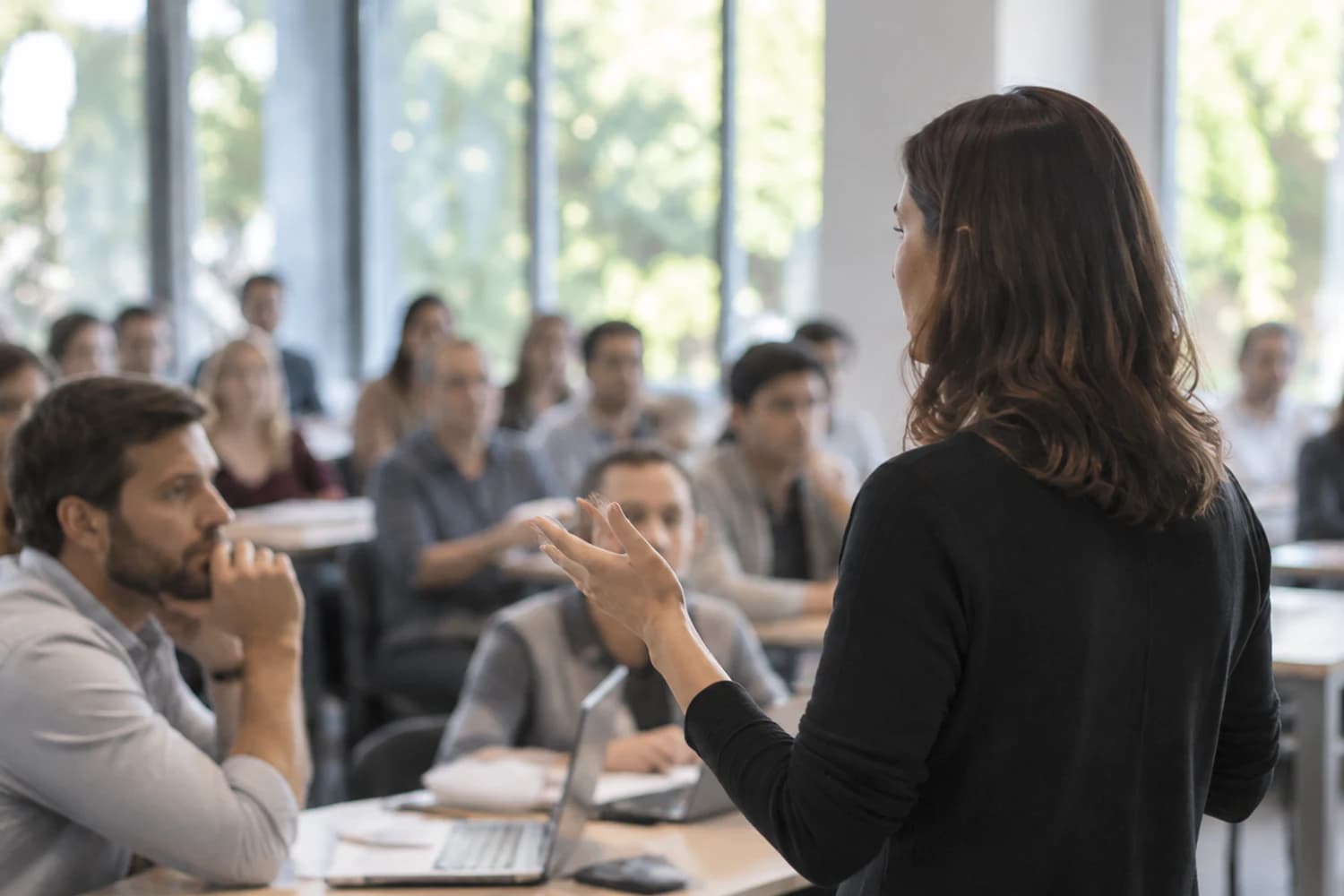 Professora conduzindo uma formação para profissionais em sala de aula