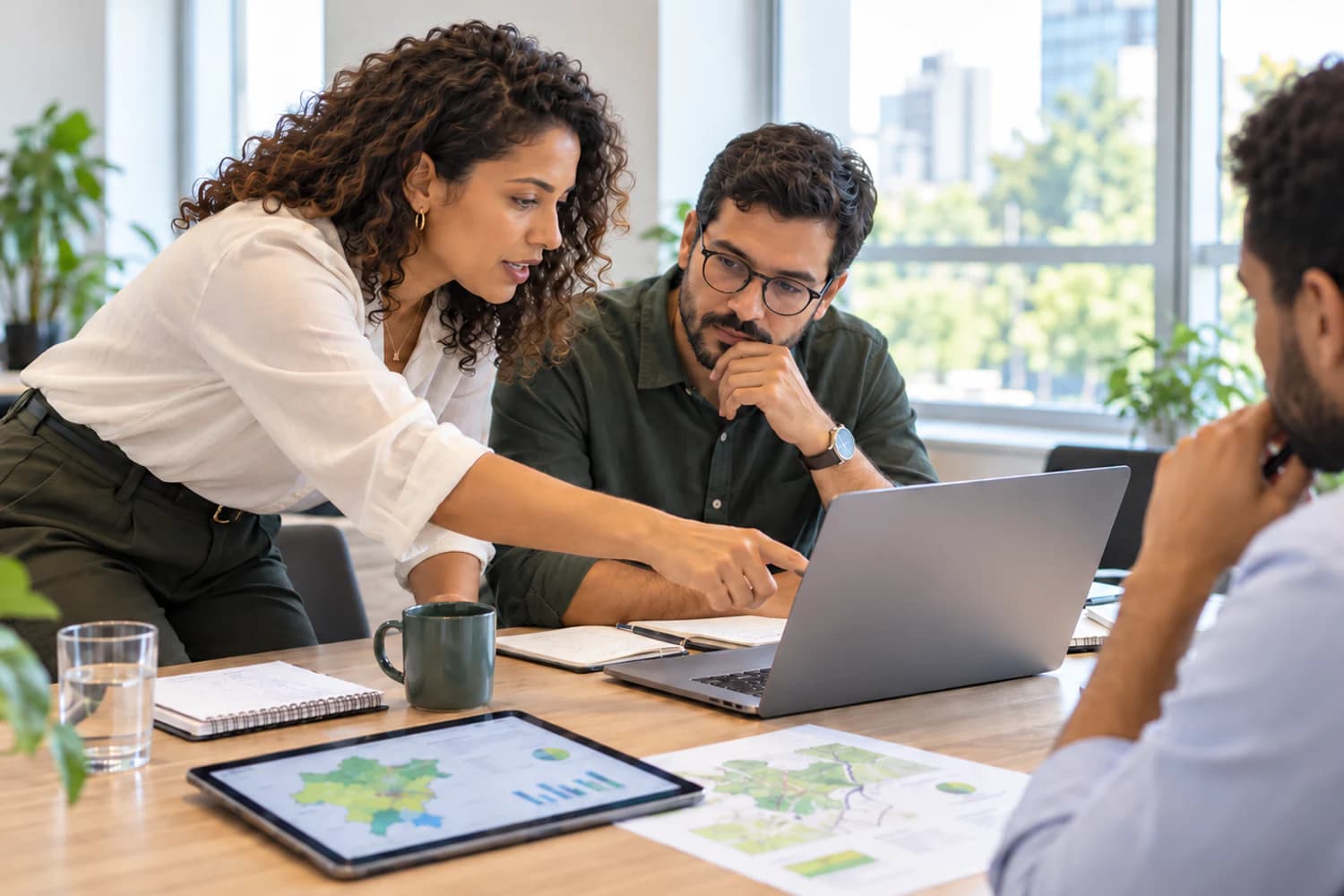 Equipe analisando estratégias de desenvolvimento com mapas e dados em uma reunião